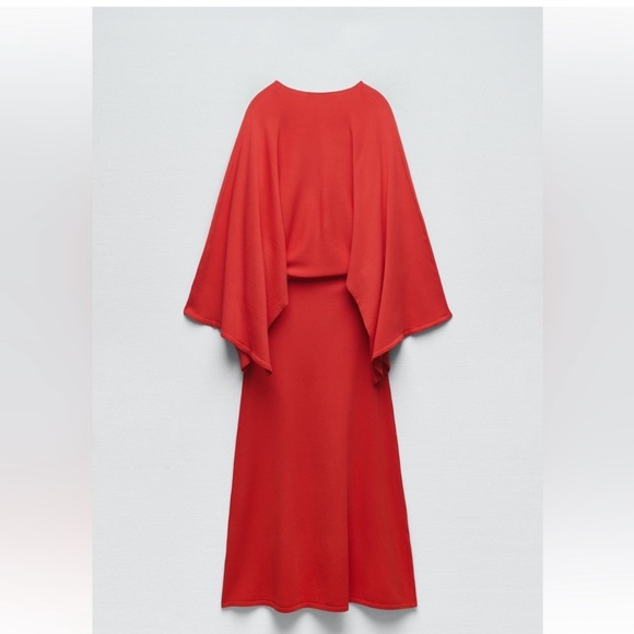ZARA RED CAPE SLEEVE KNIT DRESS - Picture 6 of 11